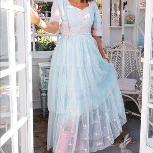 Ivy City Co Blue Embroidered Chantilly Dress